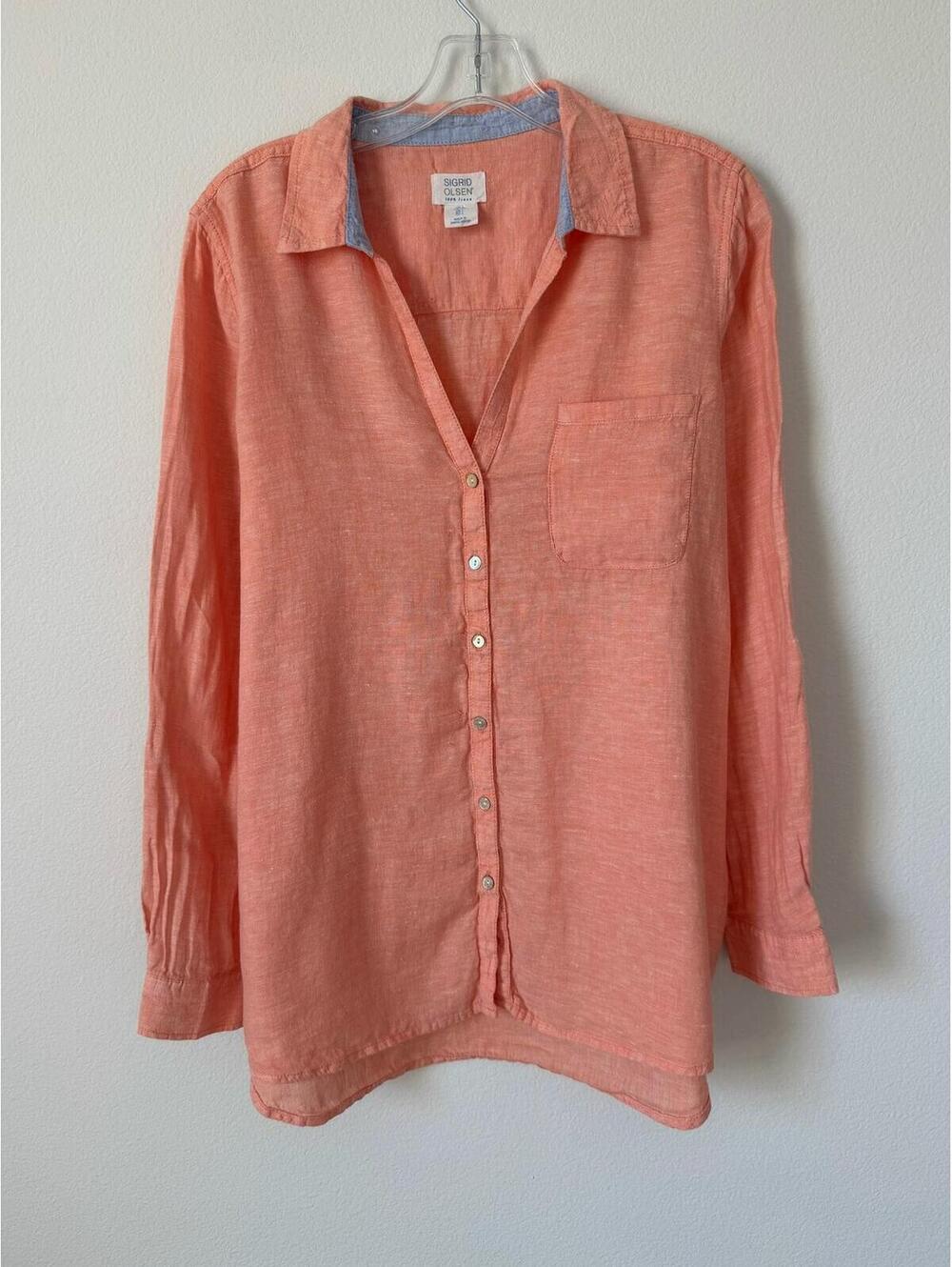 Sigrid Olsen 100% Linen Long Sleeve V-Neck Button Up Orange Shirt Women's Size L